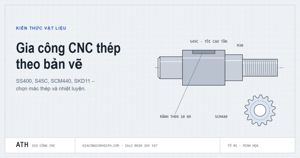 Minh họa gia công CNC thép: trục bậc và bánh răng